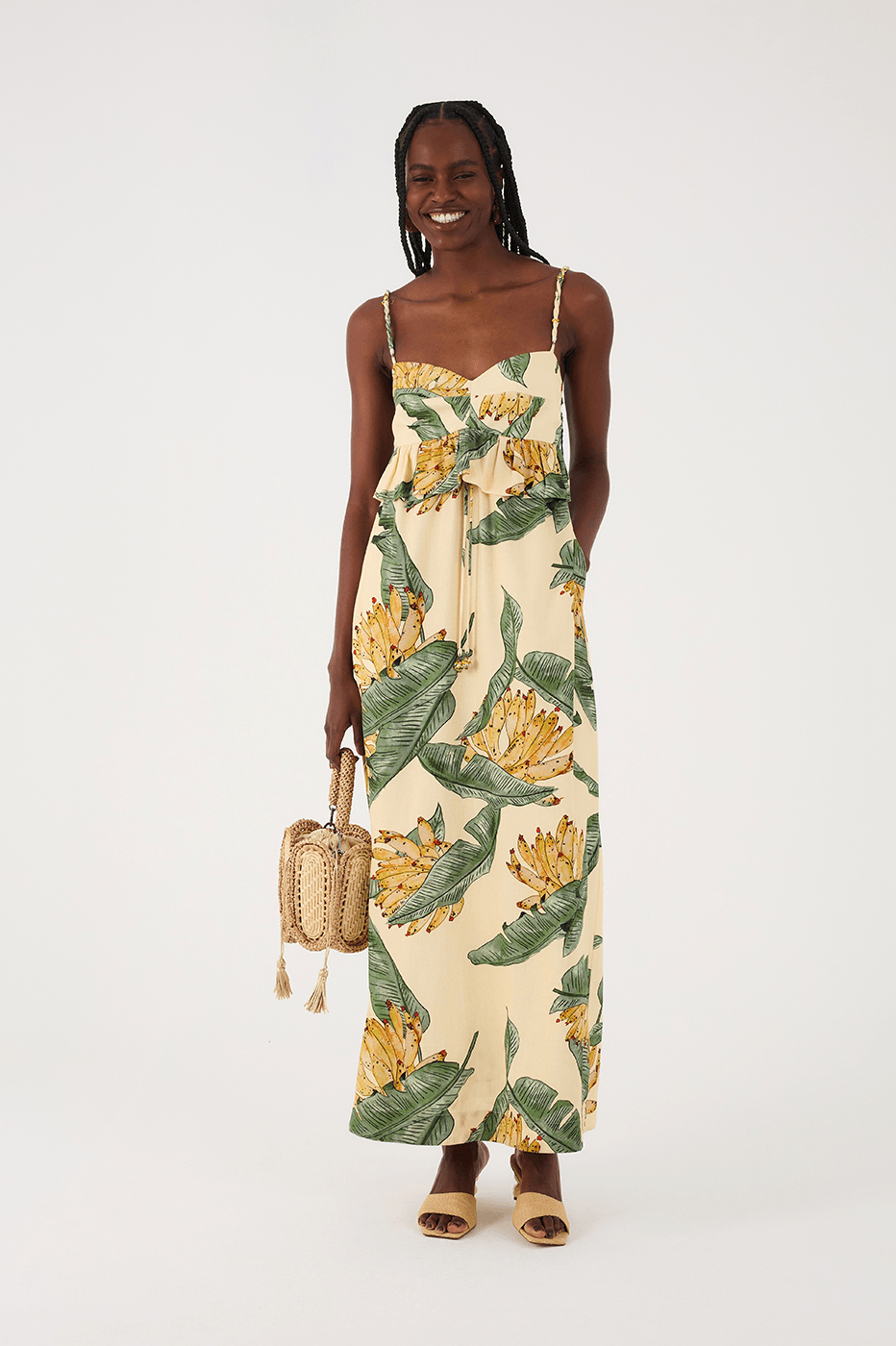 Linen Midi Dress with Paradise Print - Paradise Print / S Linen Midi Dress with Paradise Print - Paradise Print / S