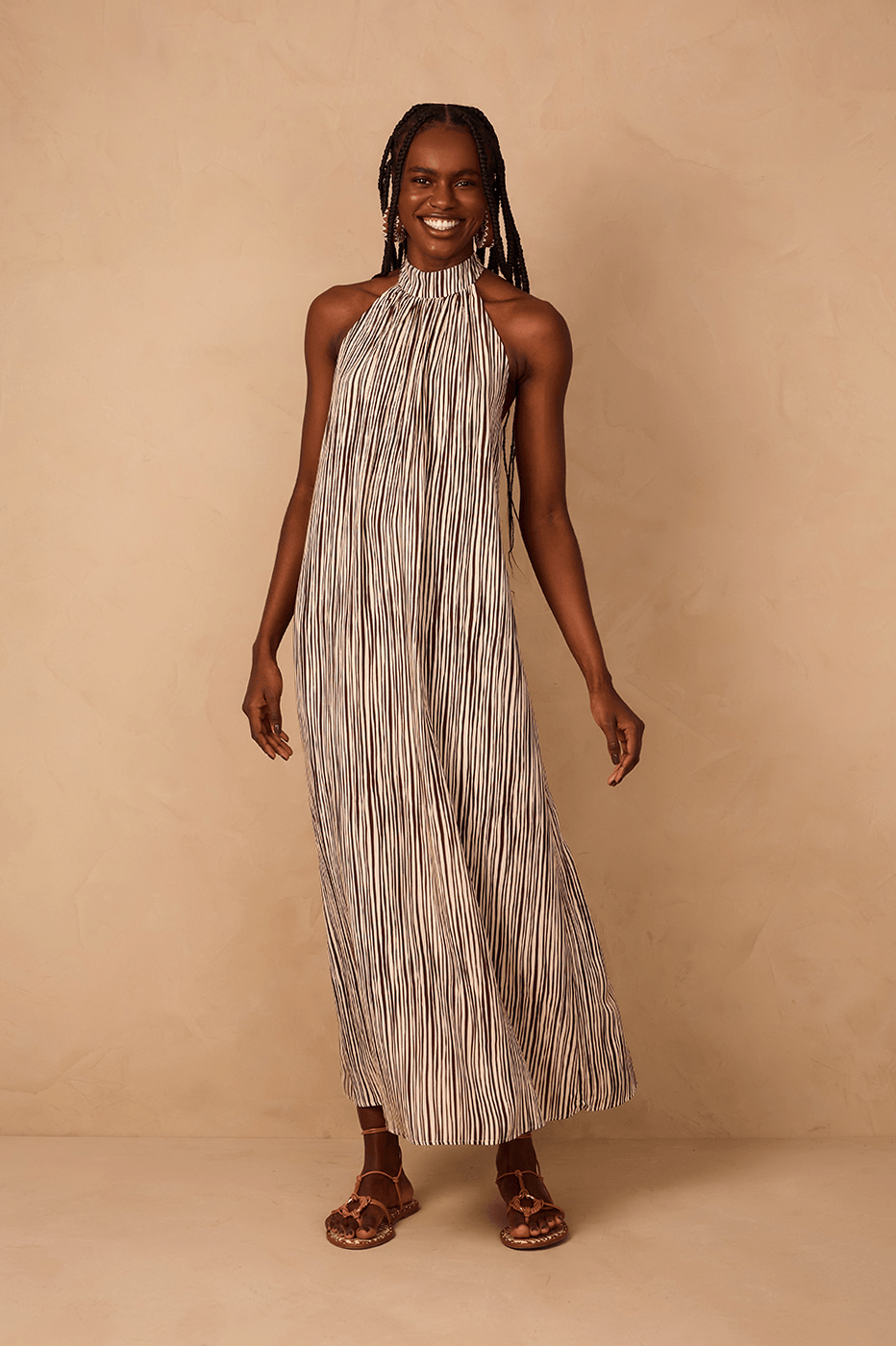 Brown Leme Halter Neck Cambric Maxi Dress