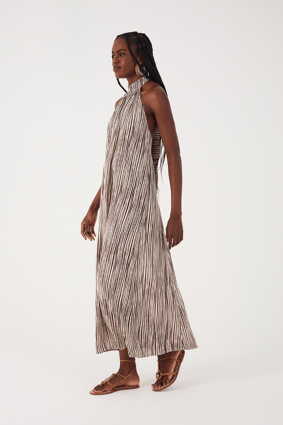 Brown Leme Halter Neck Cambric Maxi Dress
