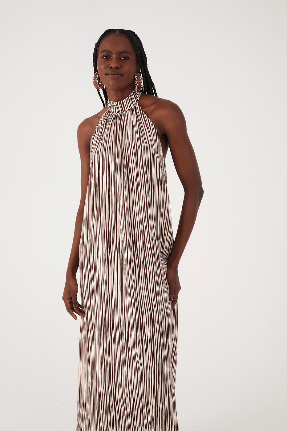Brown Leme Halter Neck Cambric Maxi Dress
