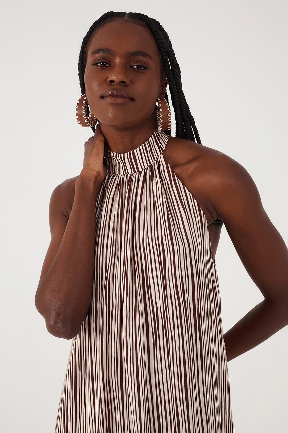 Brown Leme Halter Neck Cambric Maxi Dress
