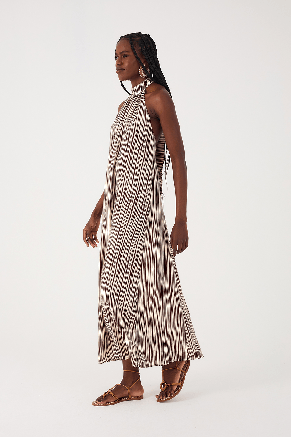 Brown Leme Halter Neck Cambric Maxi Dress