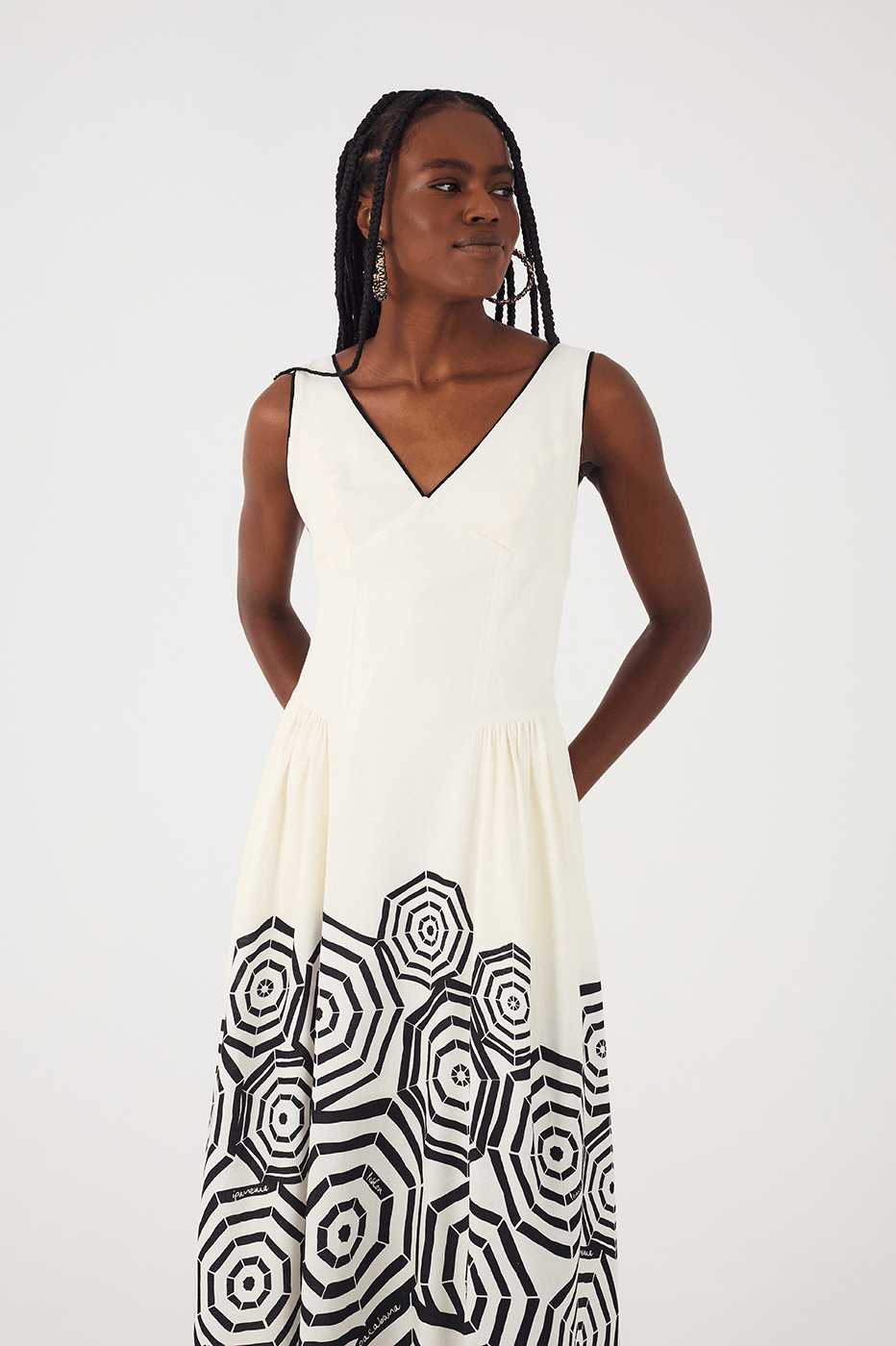 Off-White Praia V Neck Side Pockets Midi Dress