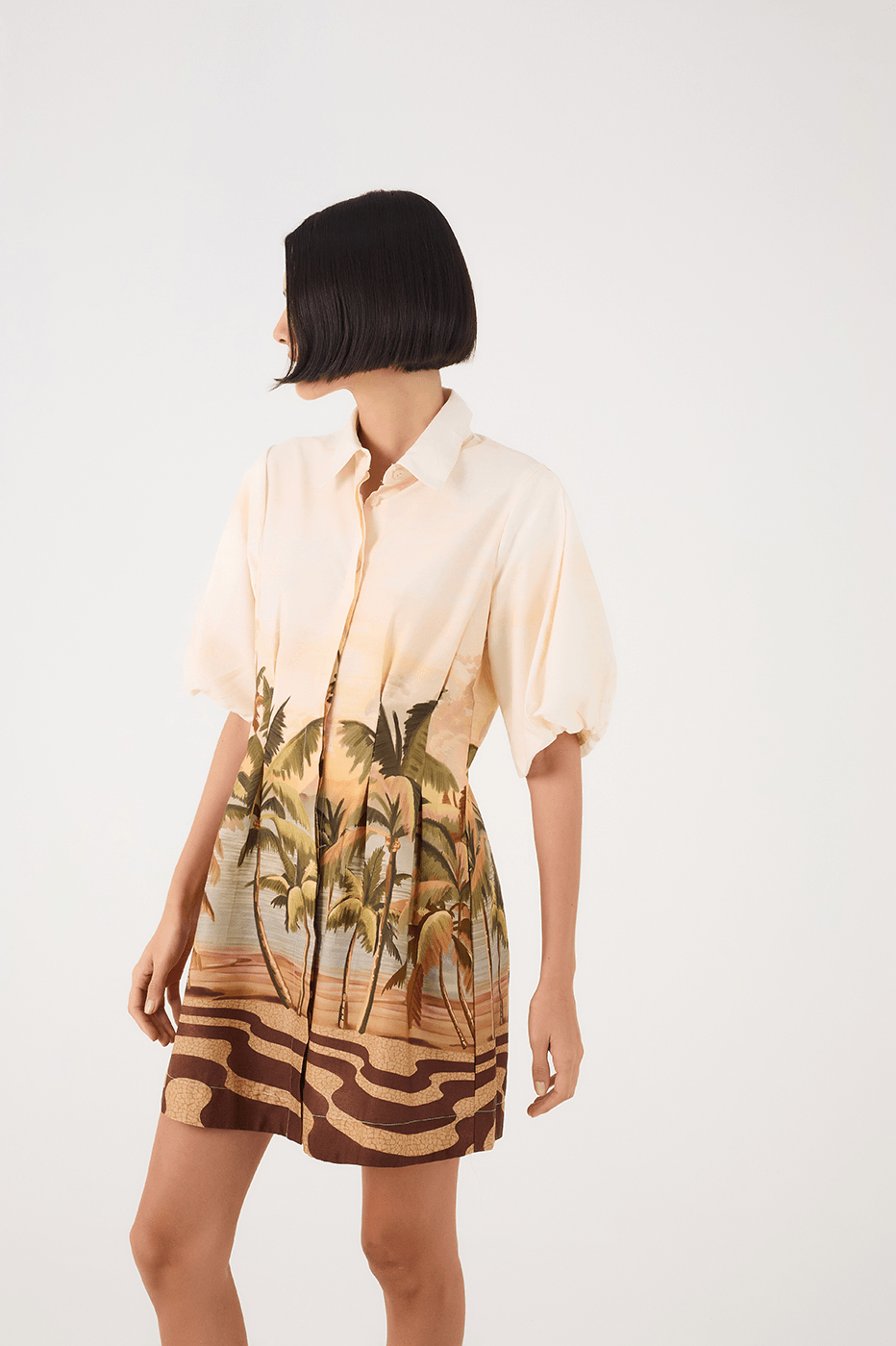 Off-White Fim De Tarde Collared Balloon Sleeve Pleat Mini Dress