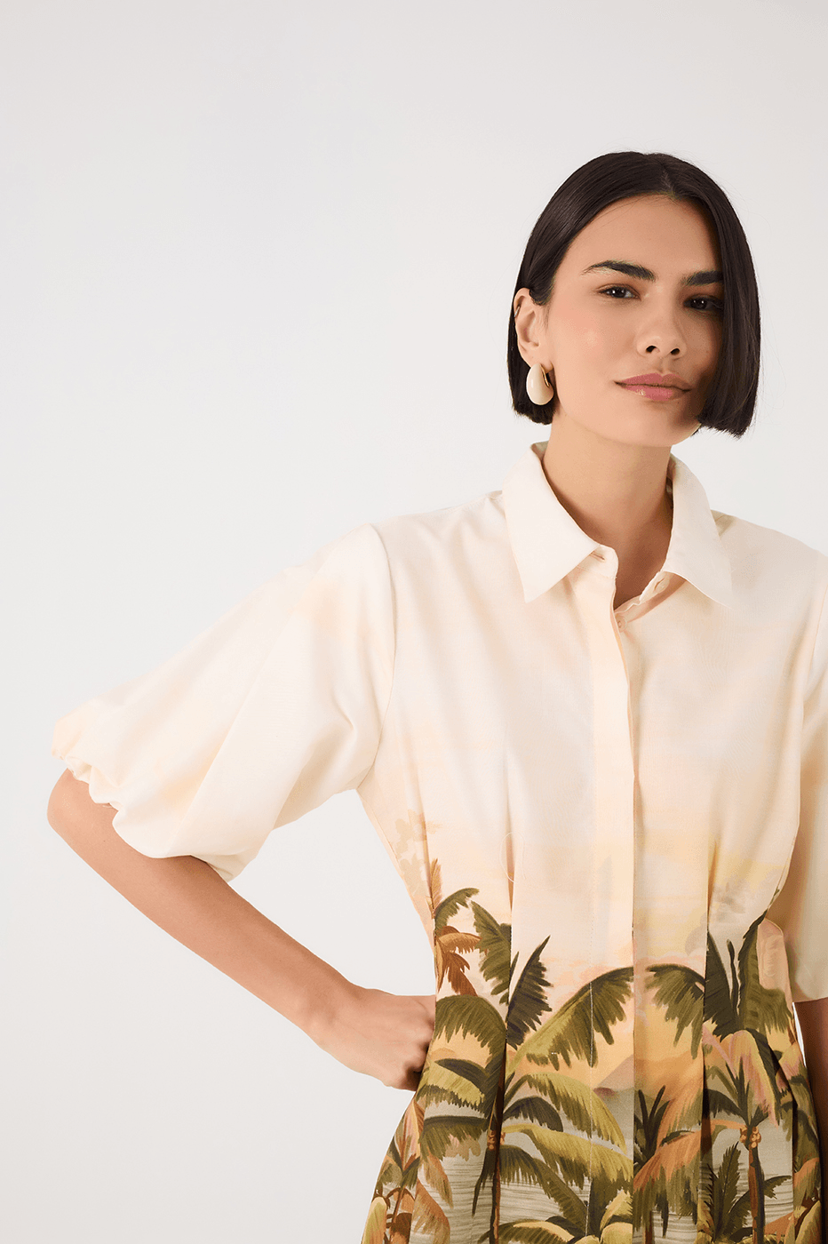 Off-White Fim De Tarde Collared Balloon Sleeve Pleat Mini Dress