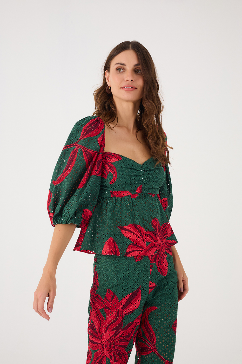 Green and Red Botanic Print Laise Blouse