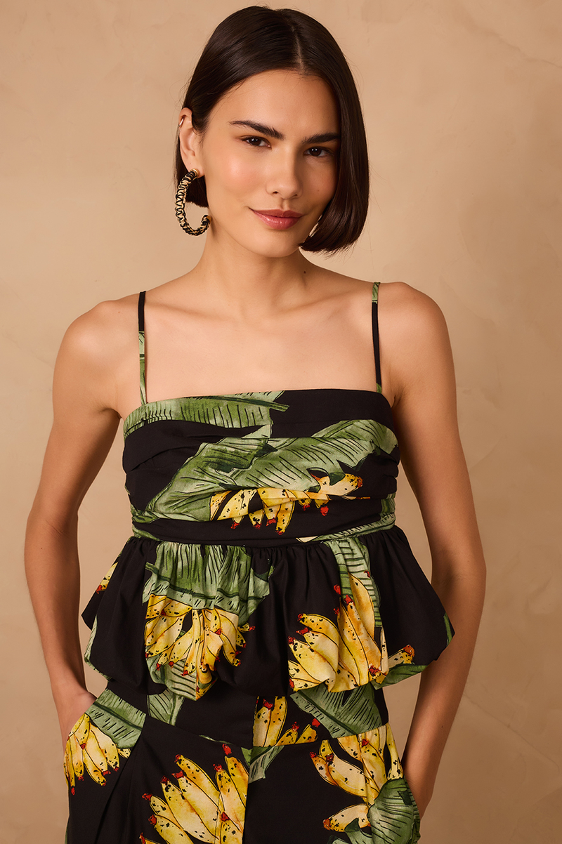 Black Paraiso Square Neck Smocked Peplum Top_1