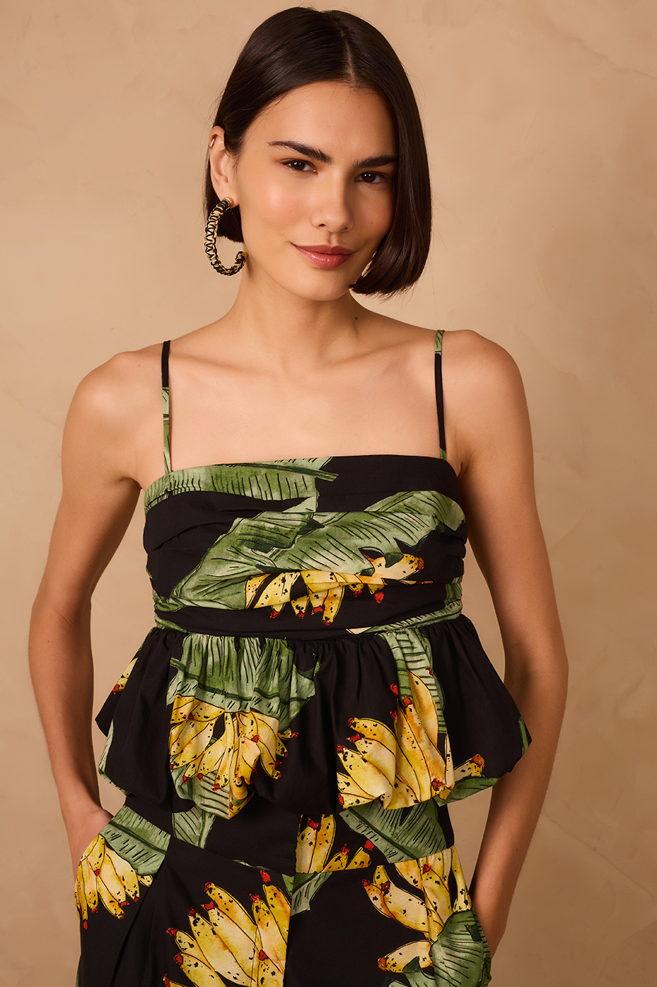 Black Paraiso Square Neck Smocked Peplum Top_1