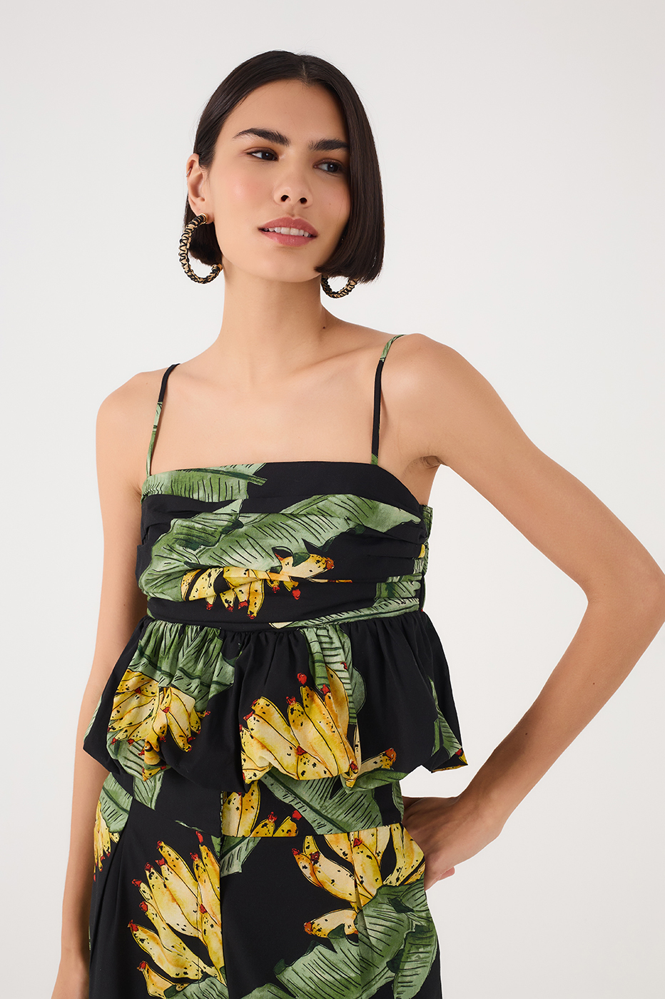 Black Paraiso Square Neck Smocked Peplum Top