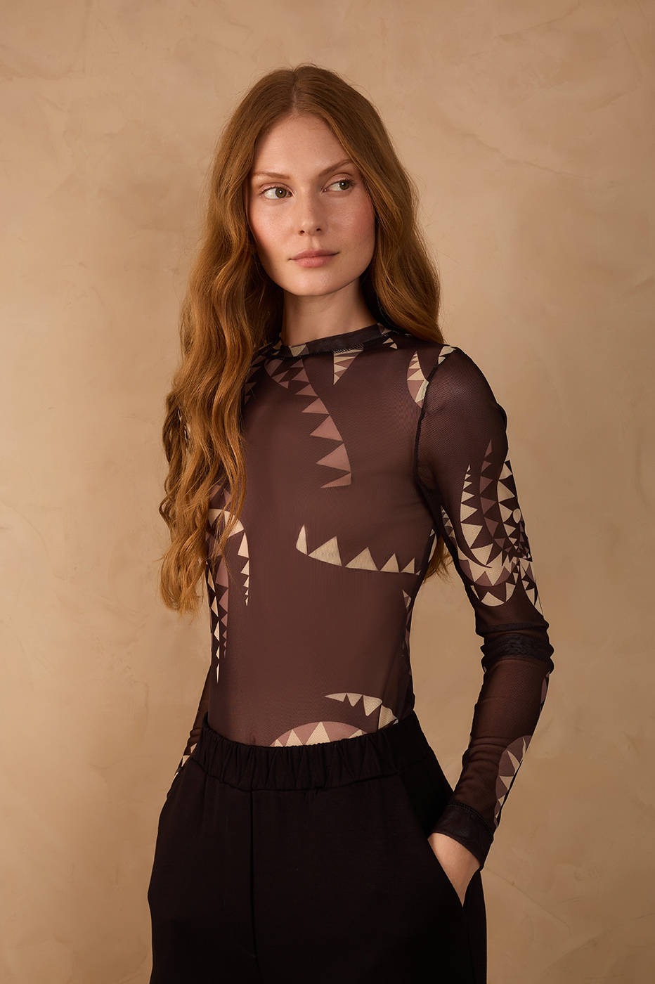 Brown Coqueiral Crew Neck Long Sleeve Tulle Blouse