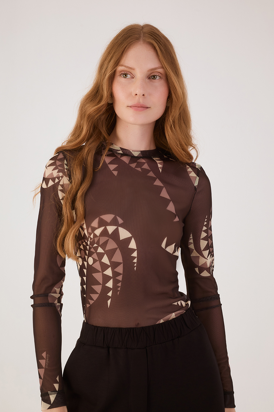Brown Coqueiral Crew Neck Long Sleeve Tulle Blouse
