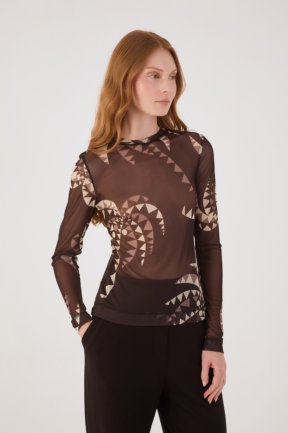 Brown Coqueiral Crew Neck Long Sleeve Tulle Blouse