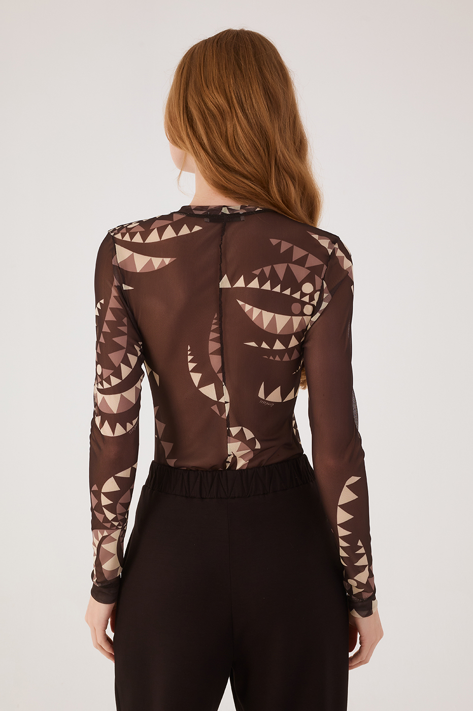 Brown Coqueiral Crew Neck Long Sleeve Tulle Blouse
