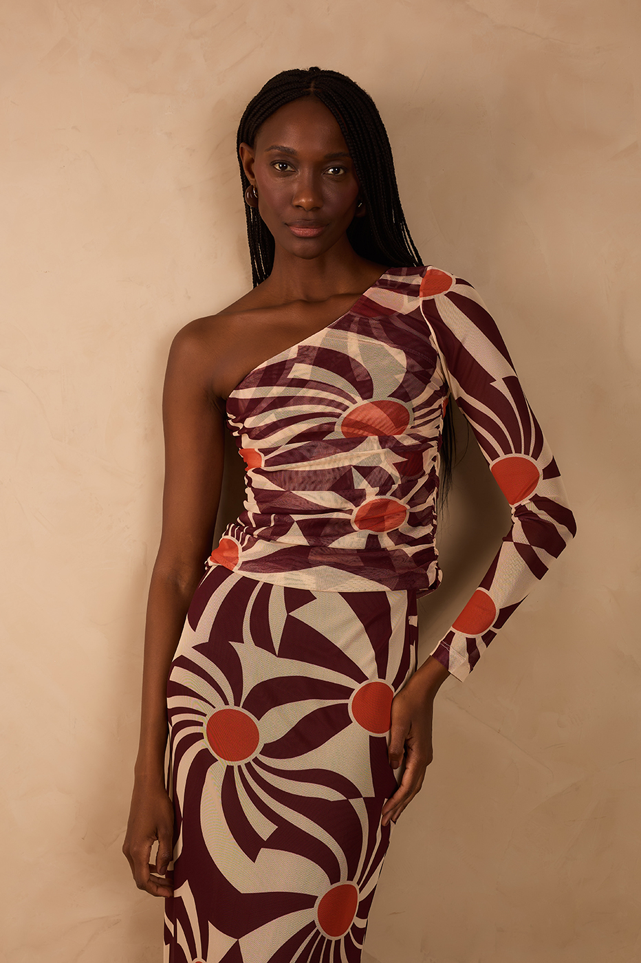 Brown Sunset Ruched One-Shoulder Tulle Top