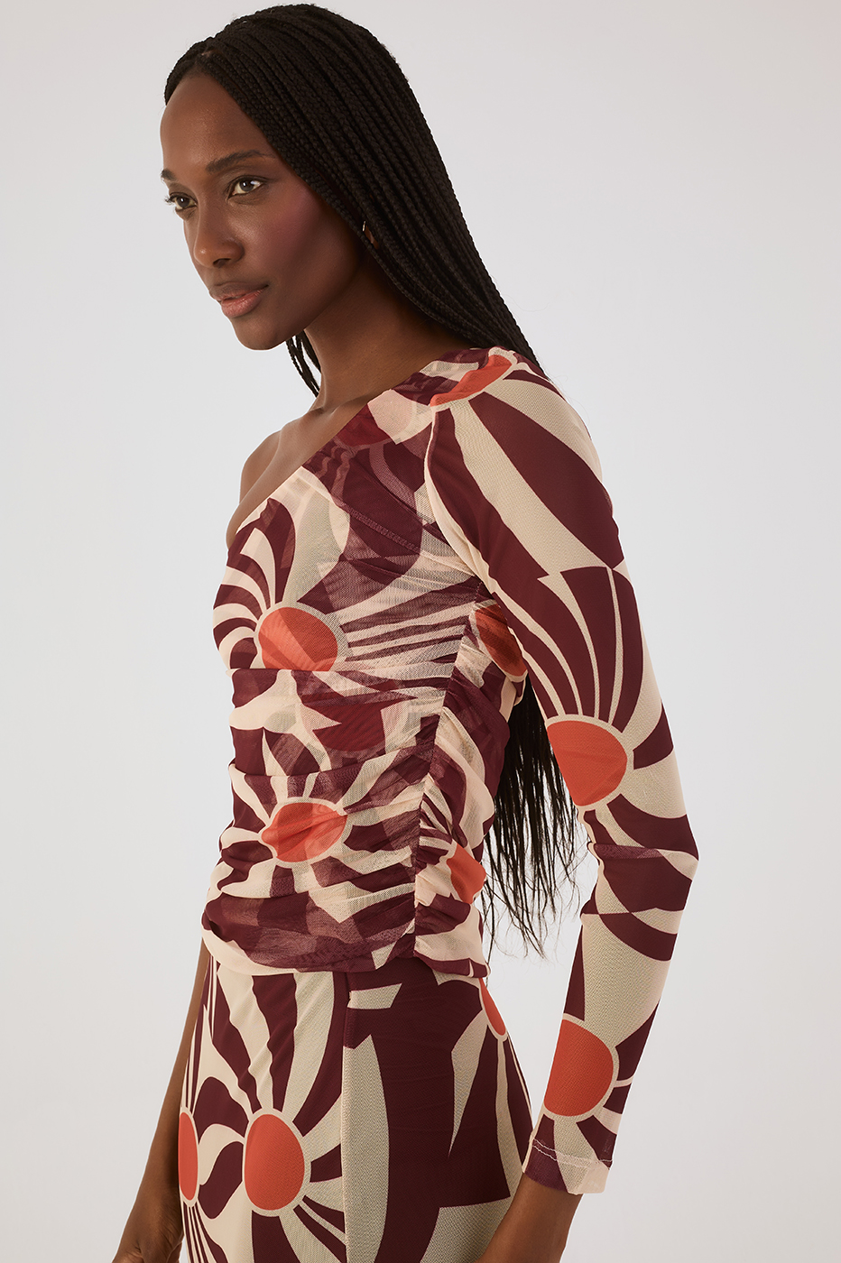 Brown Sunset Ruched One-Shoulder Tulle Top