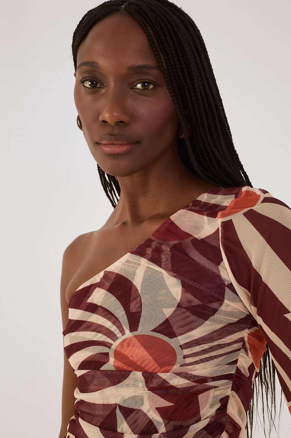 Brown Sunset Ruched One-Shoulder Tulle Top