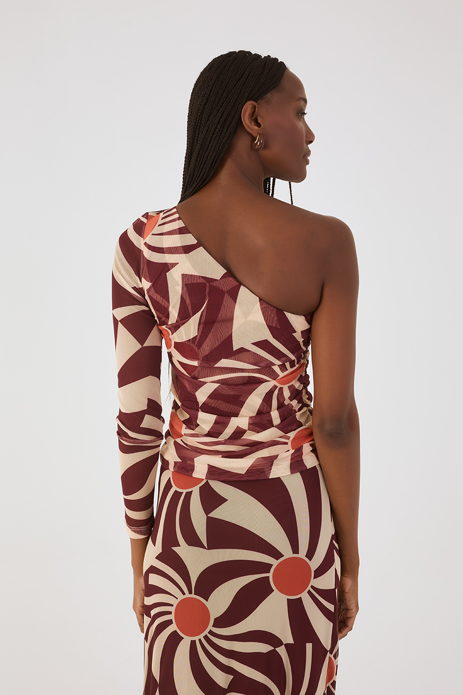 Brown Sunset Ruched One-Shoulder Tulle Top_5