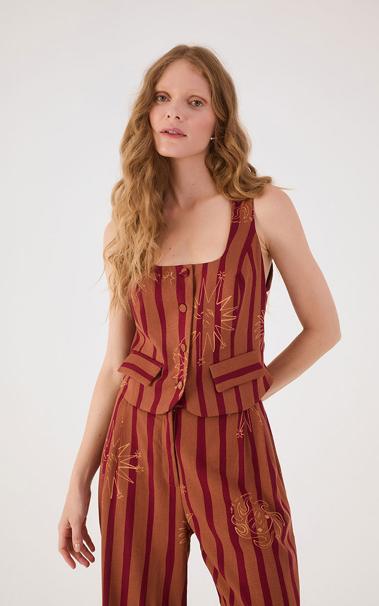 Brown Encanto Square Neck Buttoned Sleeveless Blouse_2