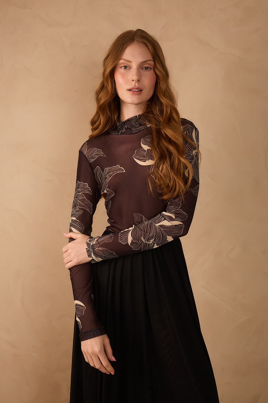 Brown Flora  Tulle Turtleneck