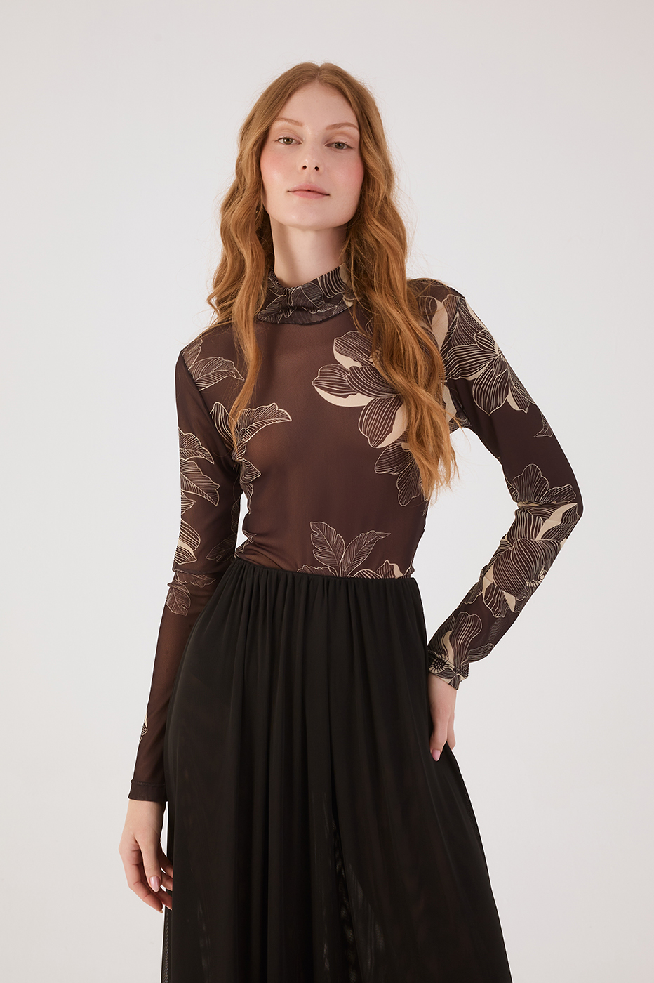 Brown Flora  Tulle Turtleneck