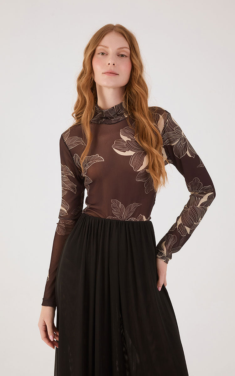 Brown Flora  Tulle Turtleneck_2