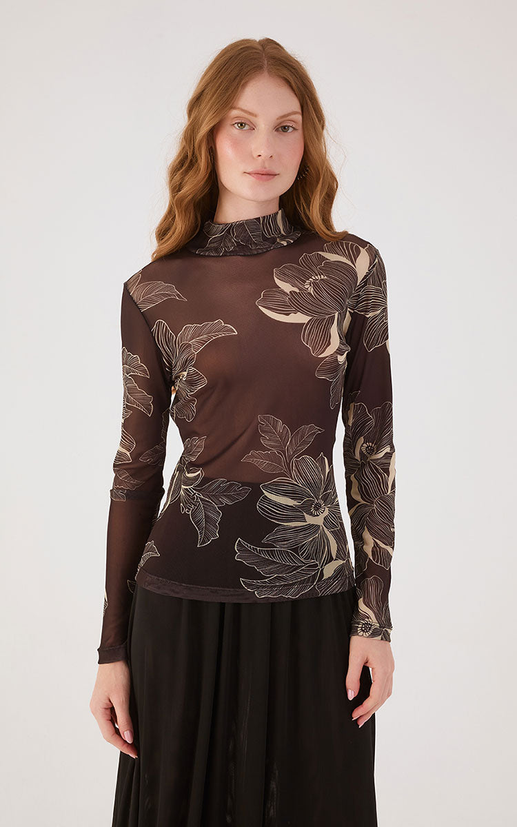 Brown Flora  Tulle Turtleneck_4