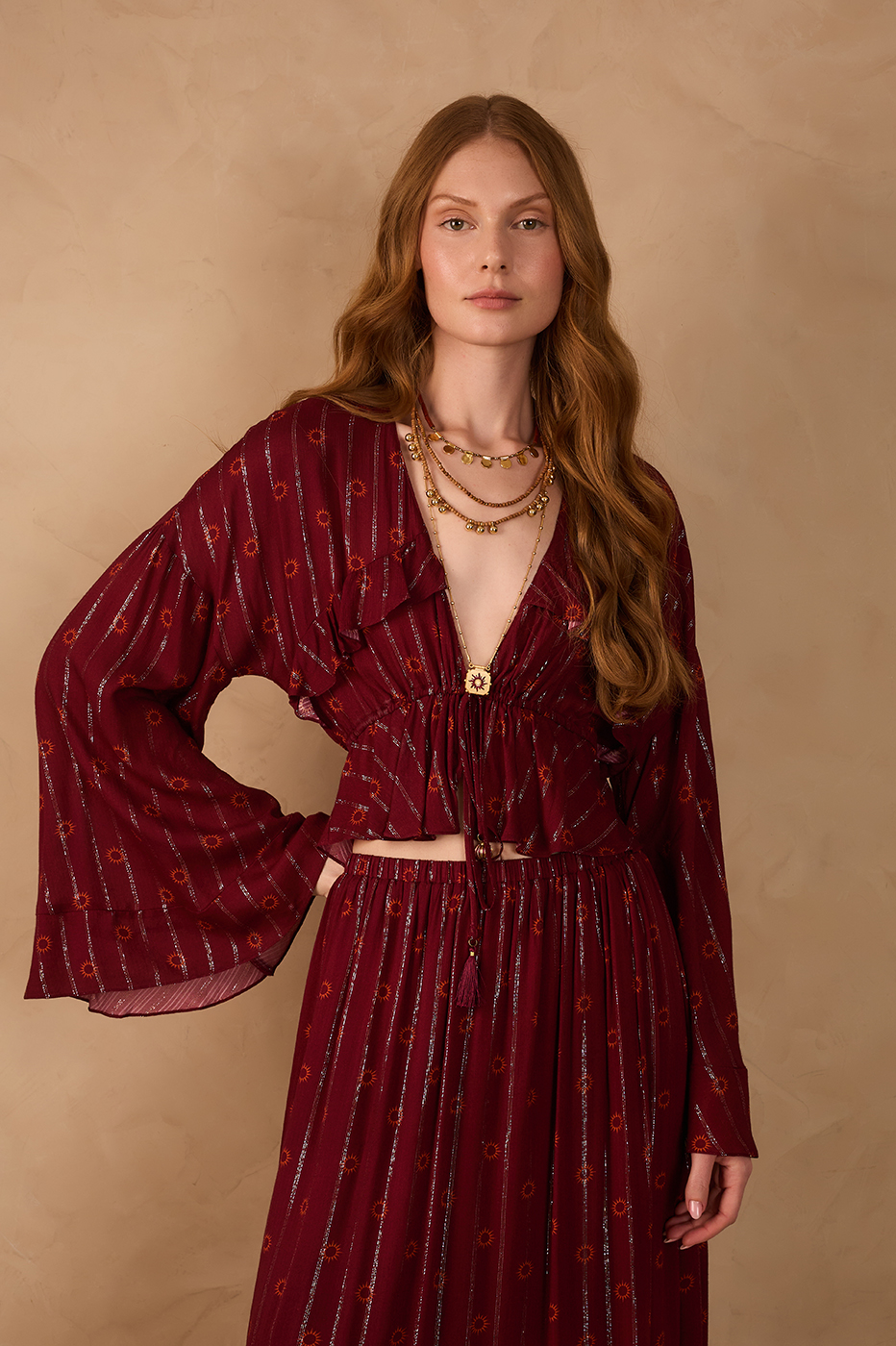 Marsala Solar Boho Lurex Front Ties Ruffle Blouse