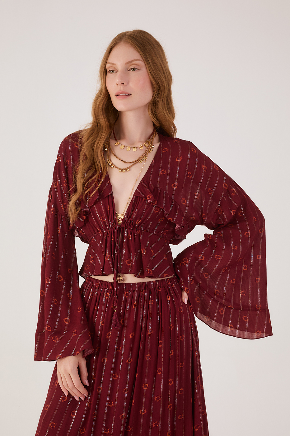 Marsala Solar Boho Lurex Front Ties Ruffle Blouse