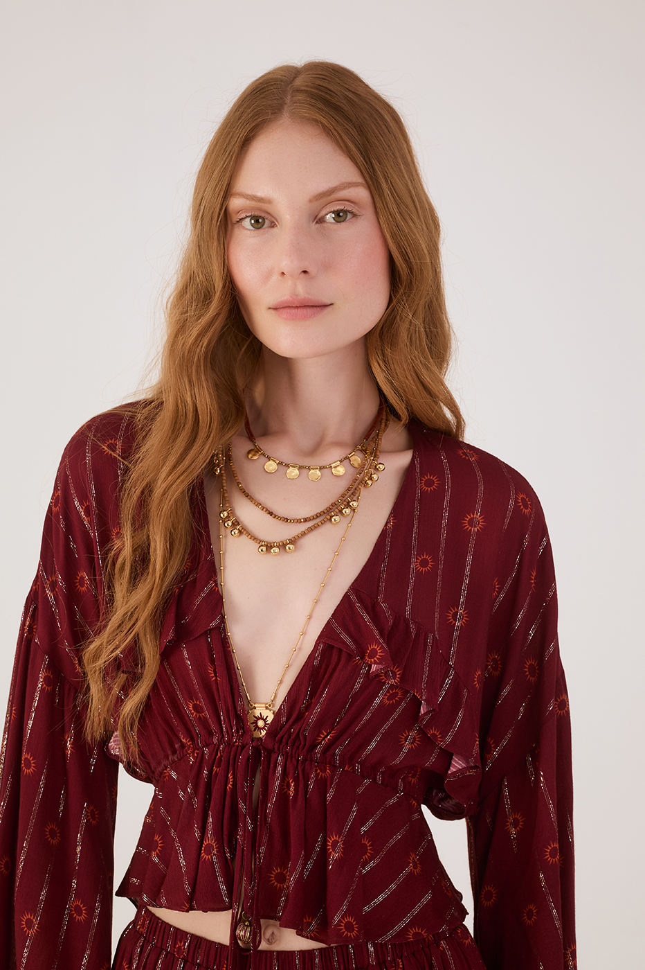 Marsala Solar Boho Lurex Front Ties Ruffle Blouse