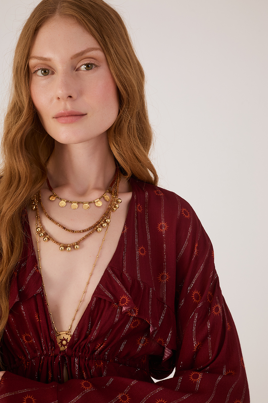 Marsala Solar Boho Lurex Front Ties Ruffle Blouse