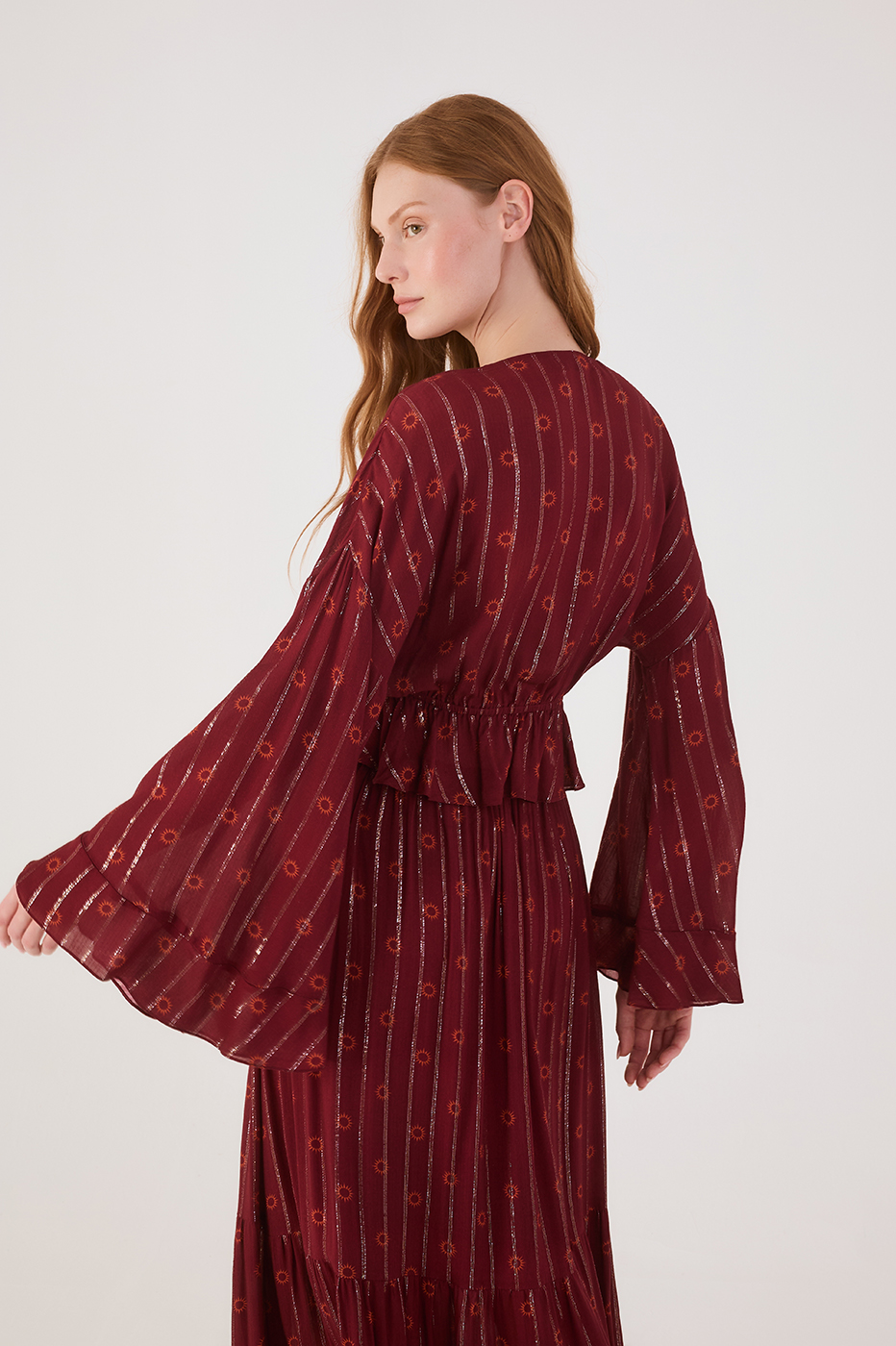 Marsala Solar Boho Lurex Front Ties Ruffle Blouse