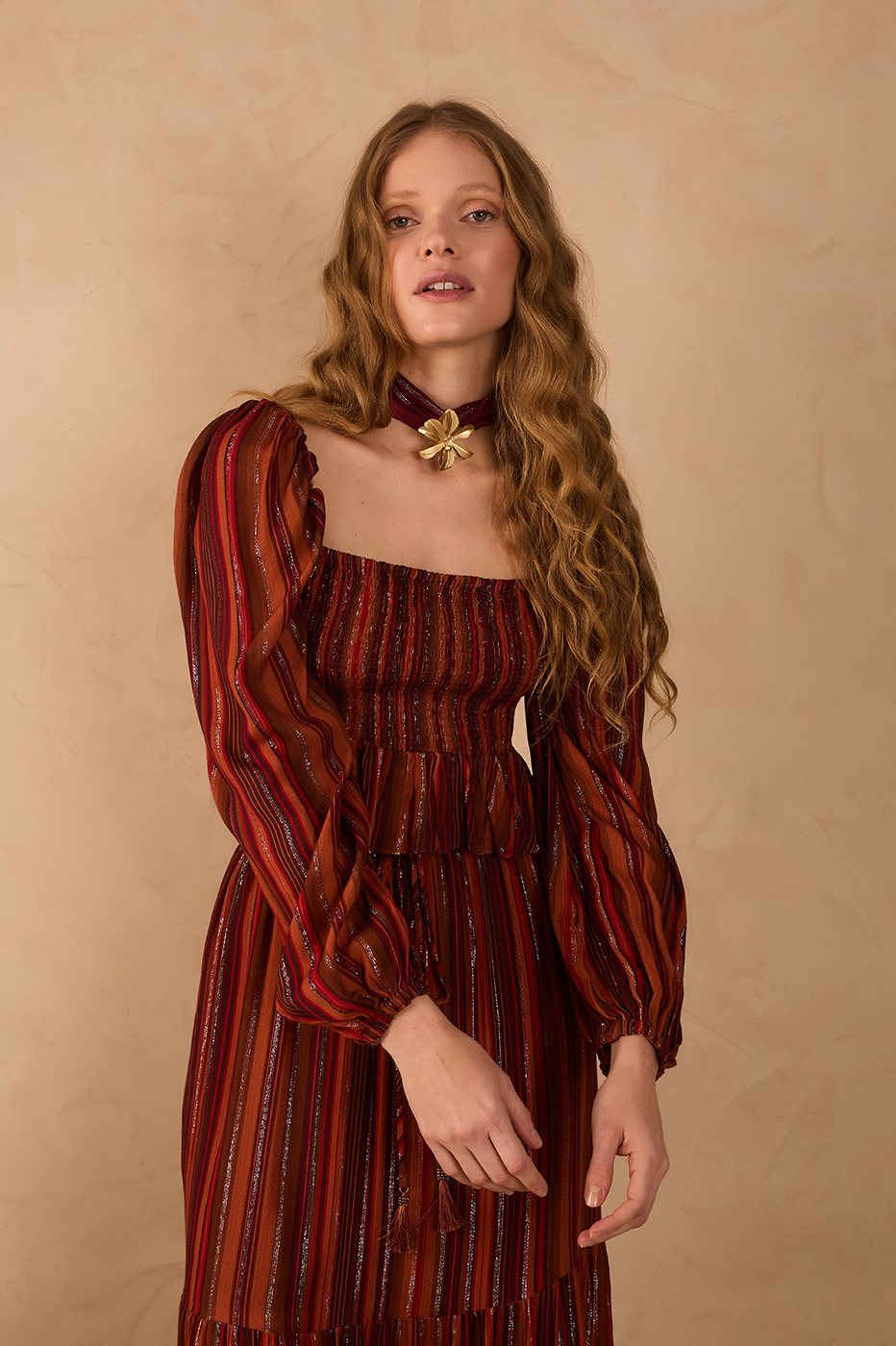 Brown Refugio Lurex Square Neck Smocked Bodice Blouse