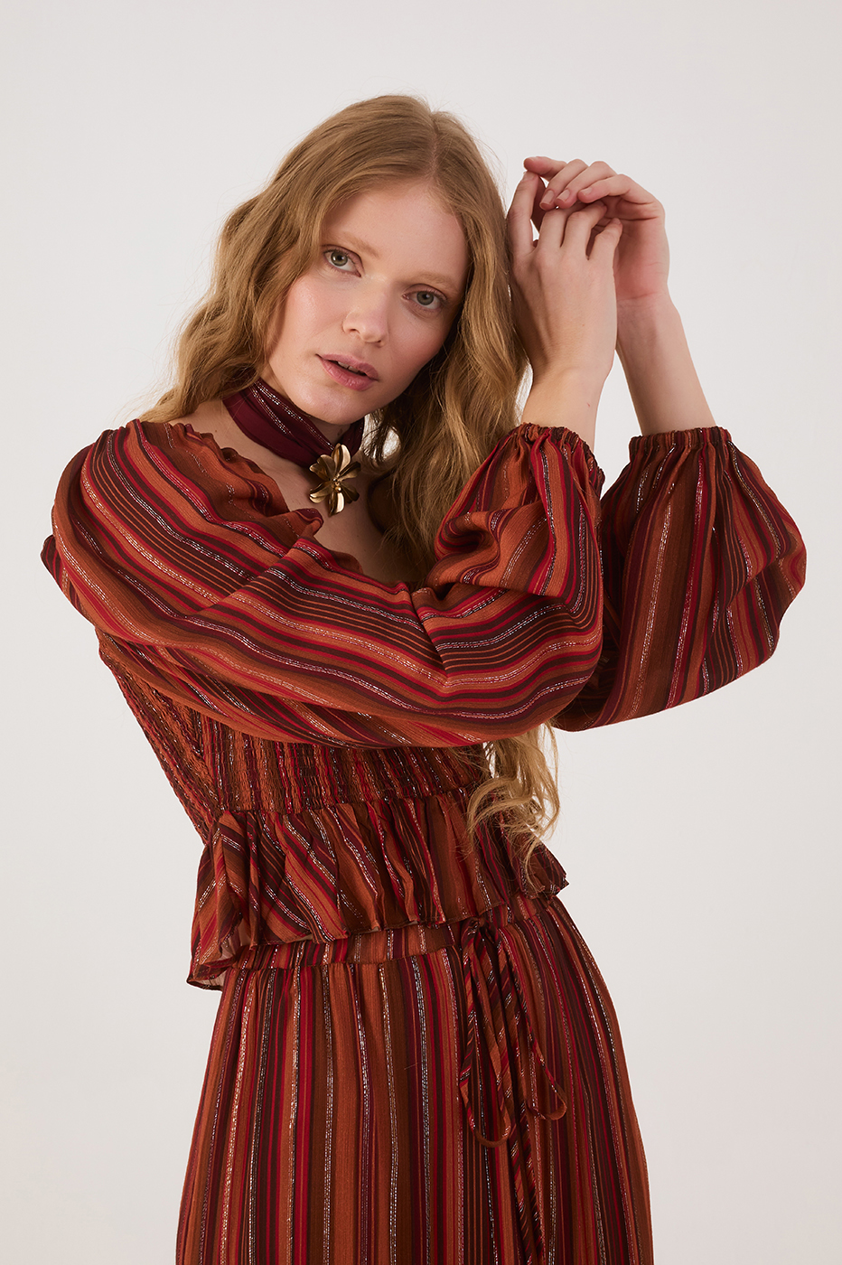 Brown Refugio Lurex Square Neck Smocked Bodice Blouse