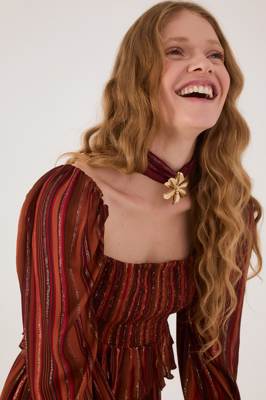 Brown Refugio Lurex Square Neck Smocked Bodice Blouse