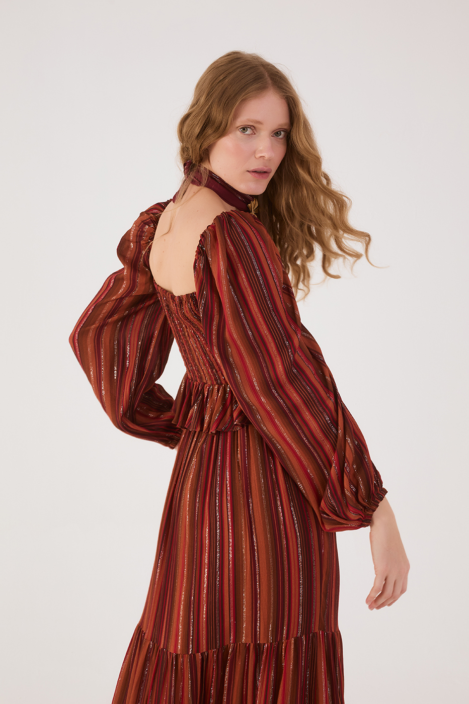 Brown Refugio Lurex Square Neck Smocked Bodice Blouse