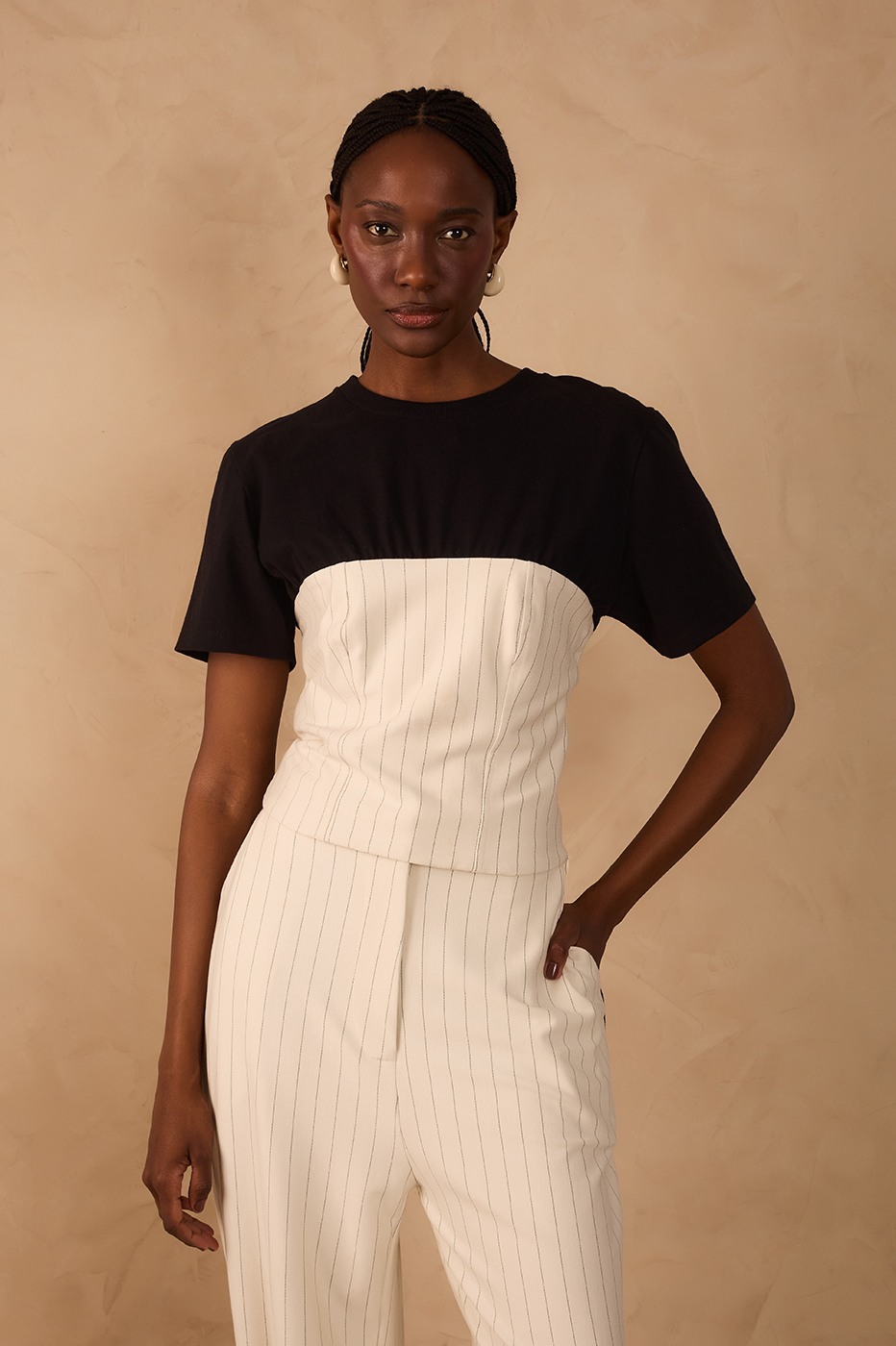 Black Pinstripe Crew Neck Short Sleeve Blouse