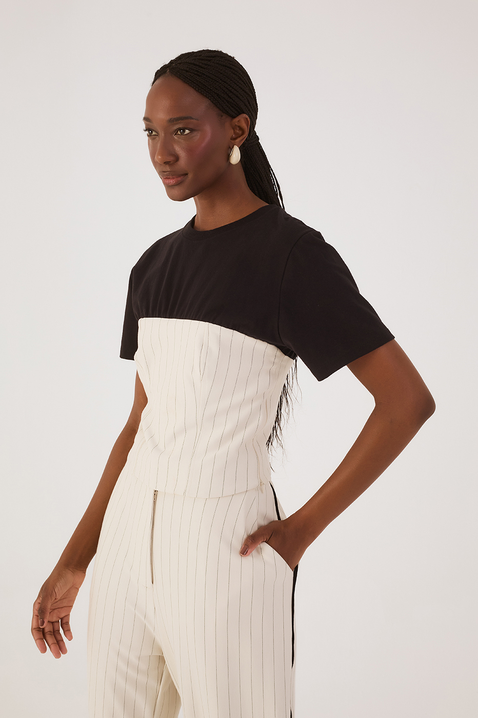 Black Pinstripe Crew Neck Short Sleeve Blouse