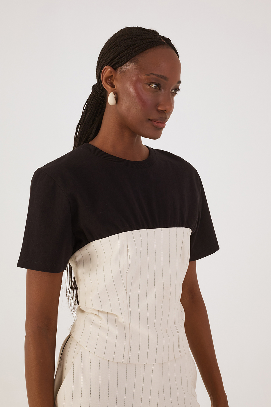 Black Pinstripe Crew Neck Short Sleeve Blouse
