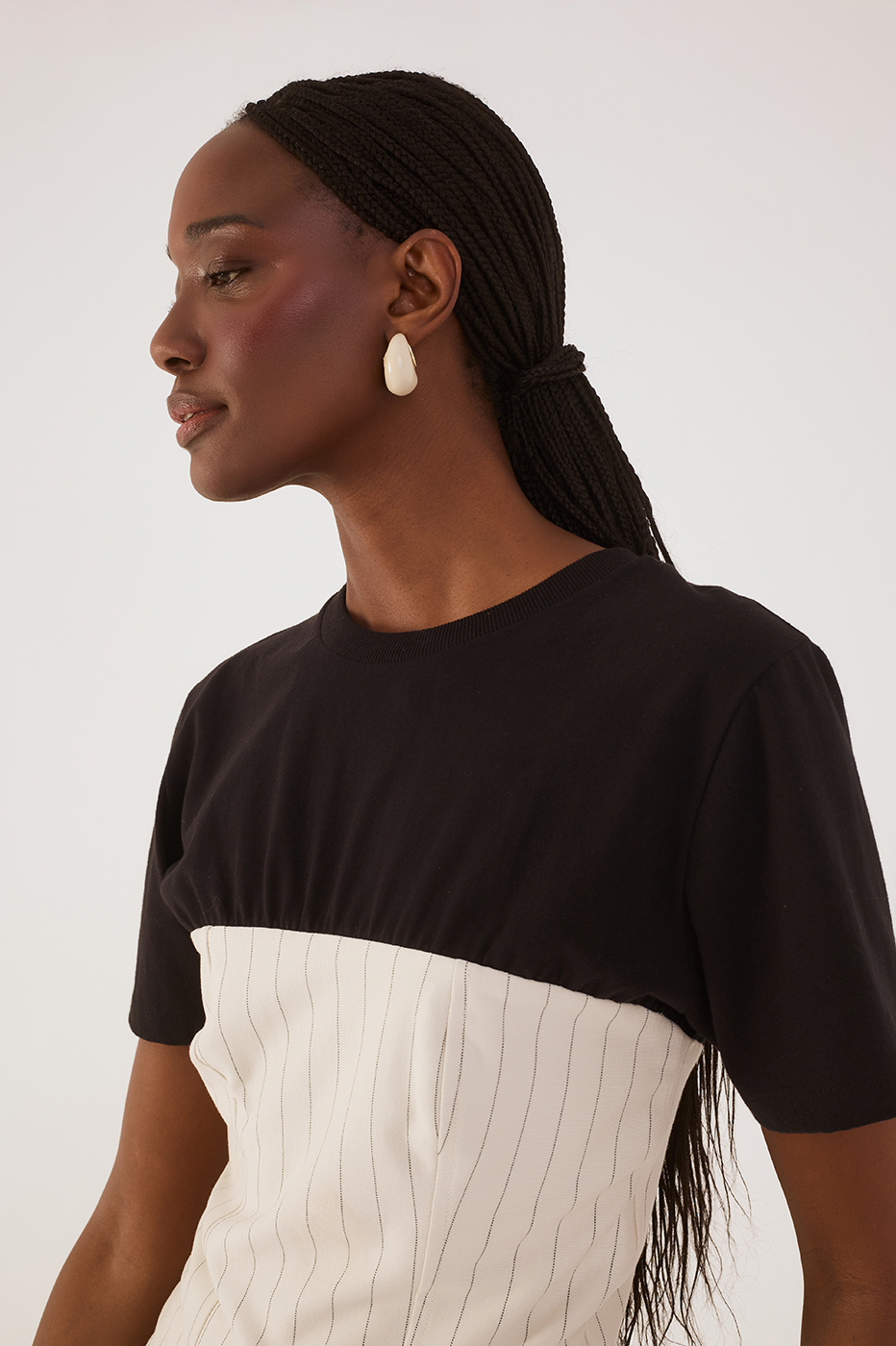 Black Pinstripe Crew Neck Short Sleeve Blouse