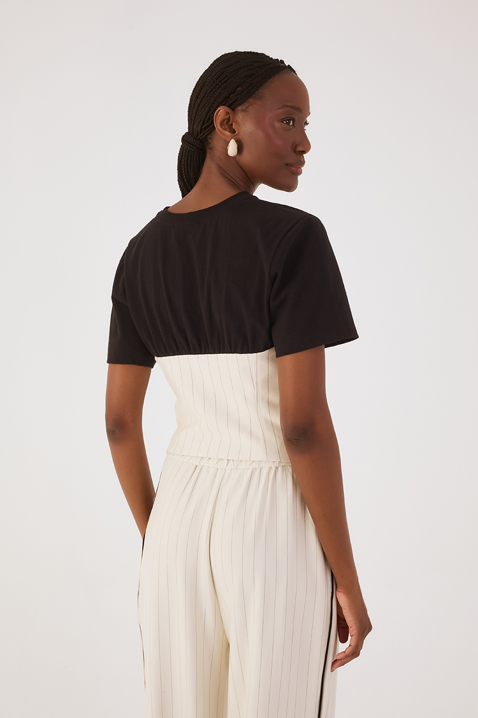 Black Pinstripe Crew Neck Short Sleeve Blouse_5