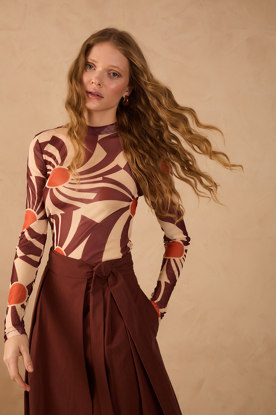 Brown Sunset High Neck Long Sleeve Tulle Turtleneck