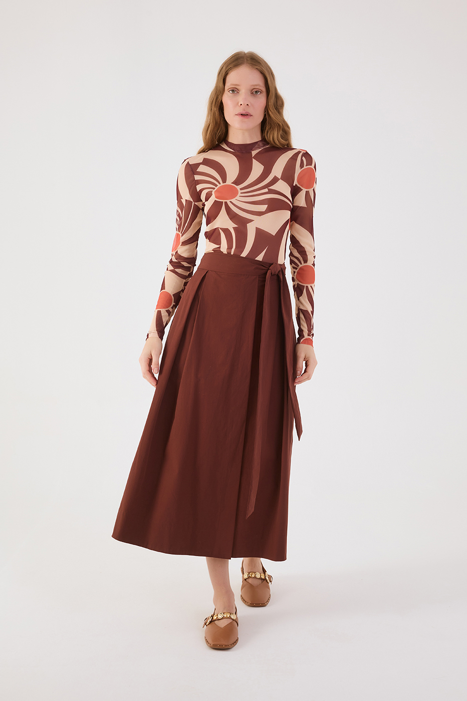 Brown Sunset High Neck Long Sleeve Tulle Turtleneck