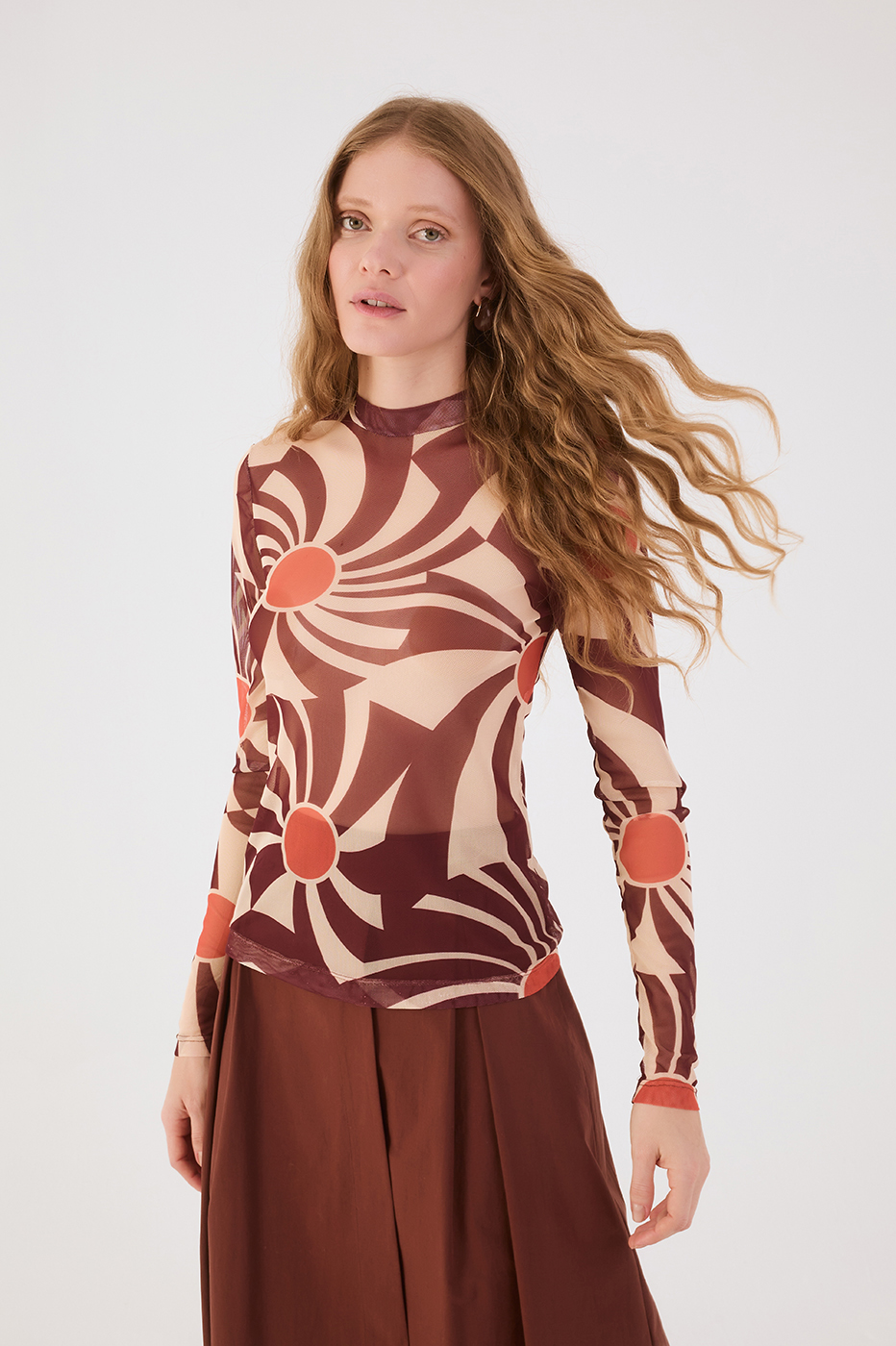 Brown Sunset High Neck Long Sleeve Tulle Turtleneck