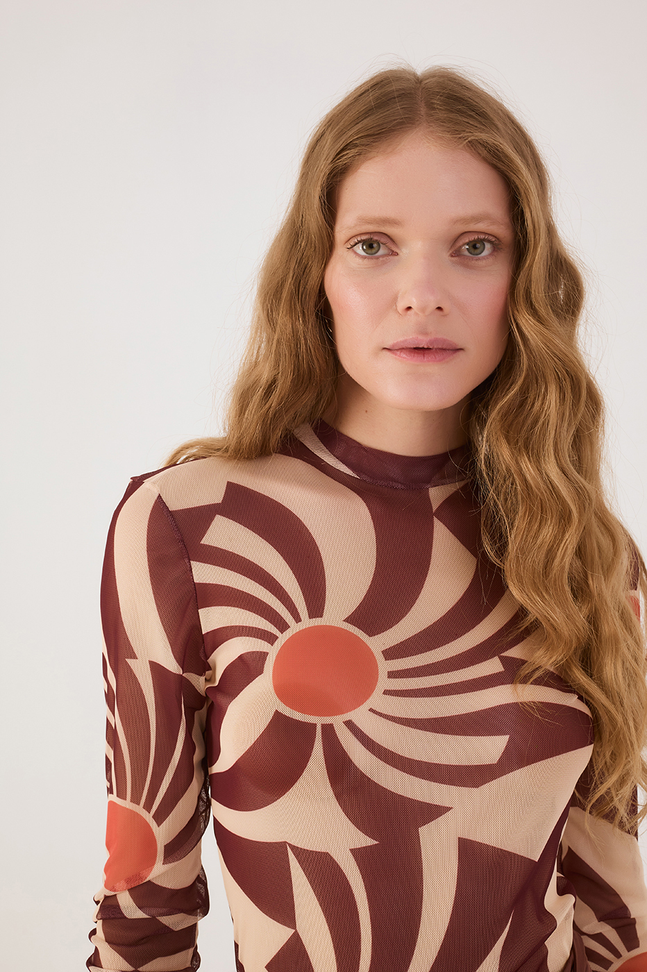 Brown Sunset High Neck Long Sleeve Tulle Turtleneck
