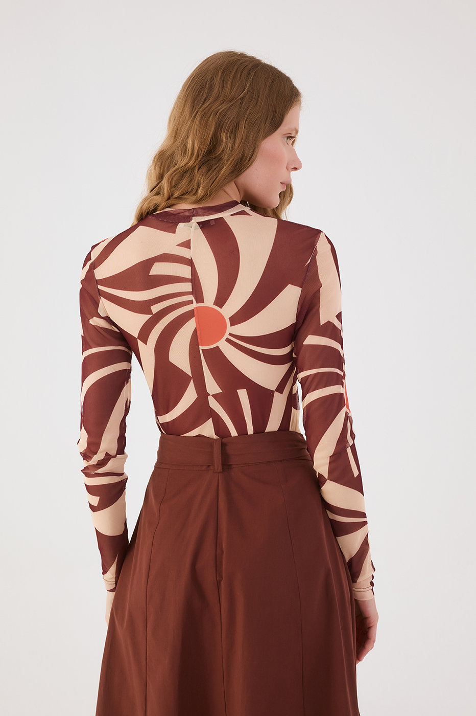 Brown Sunset High Neck Long Sleeve Tulle Turtleneck