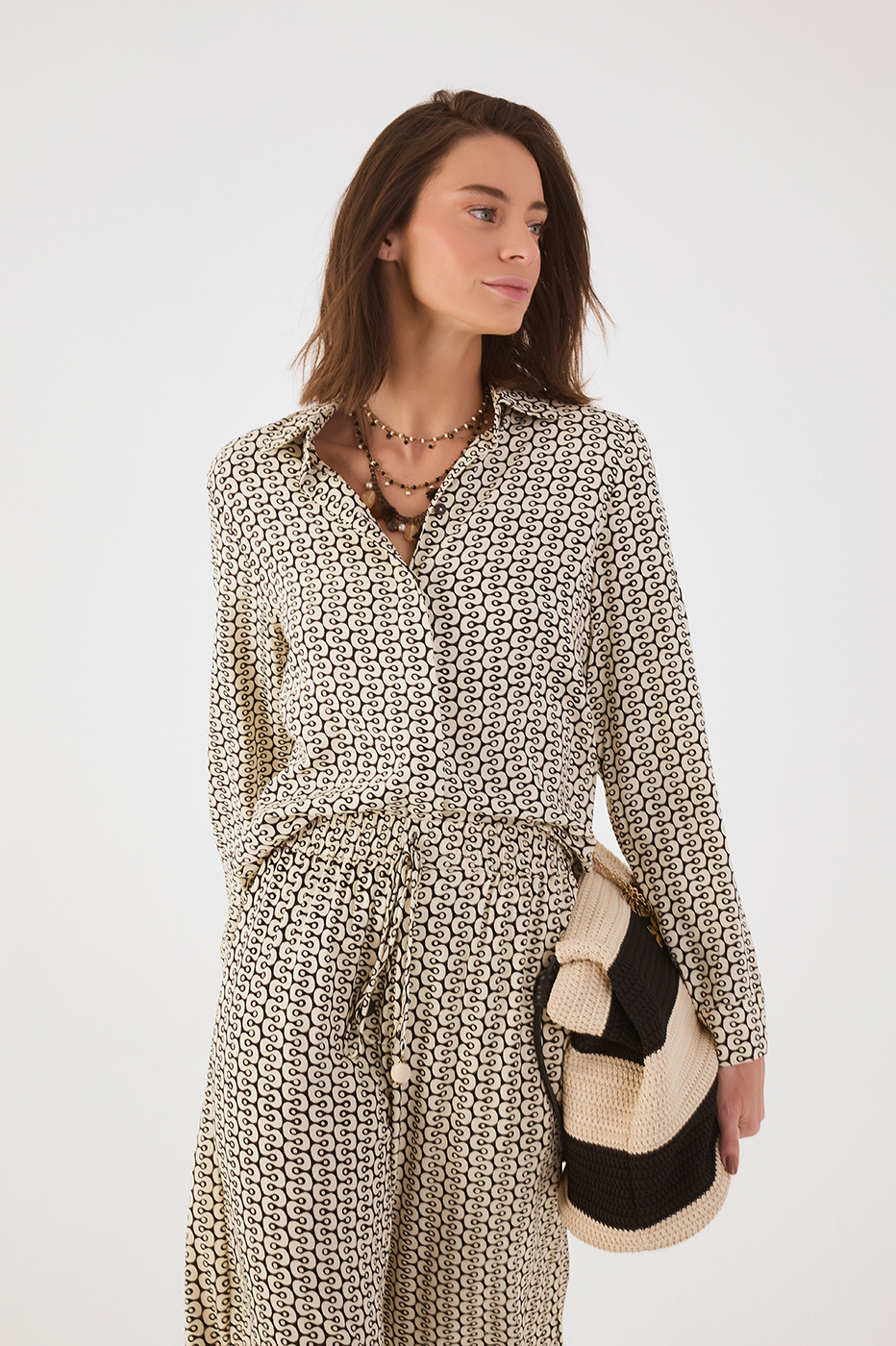 Black Ipanema Collared Long Sleeve Crepe Shirt