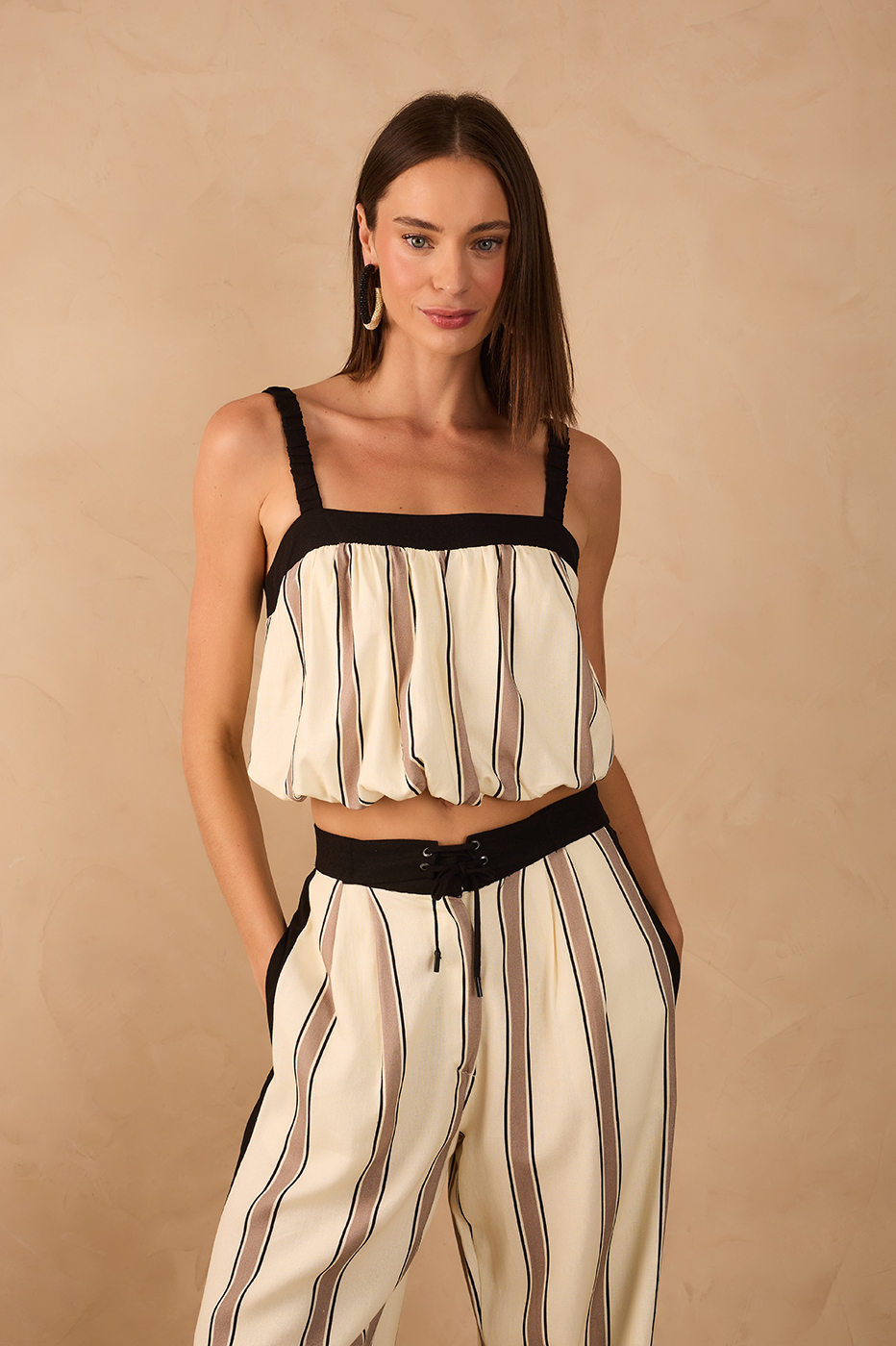 Beige Parque Stripes Square Neck Sleeveless Balloon Blouse