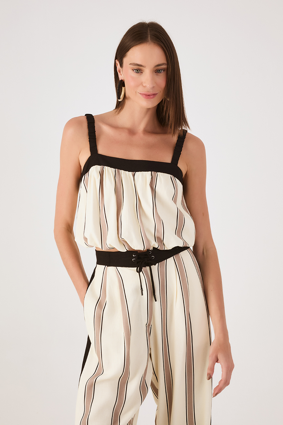 Beige Parque Stripes Square Neck Sleeveless Balloon Blouse