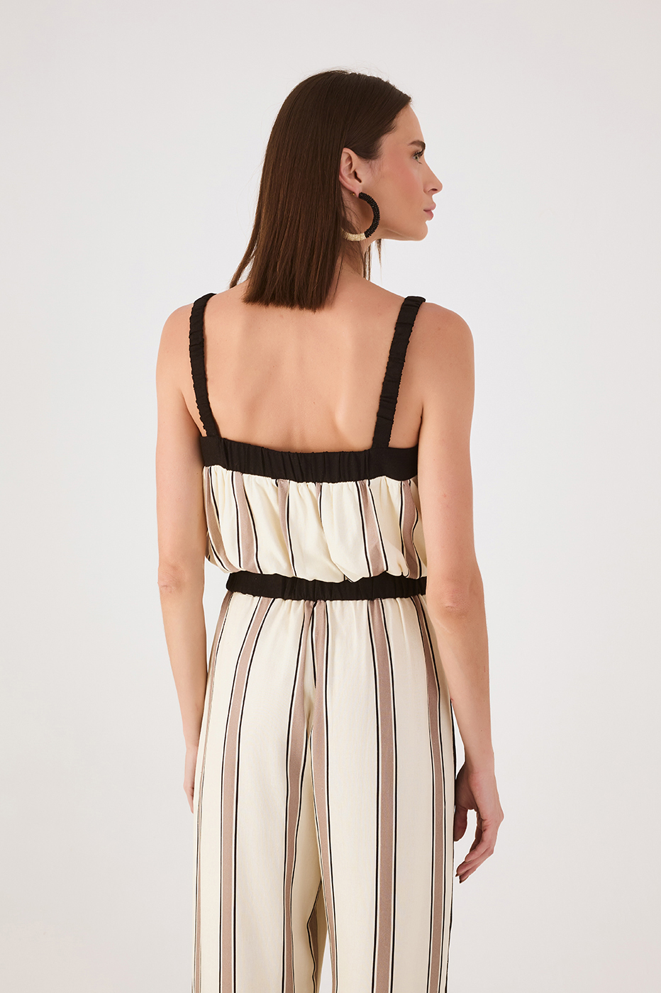 Beige Parque Stripes Square Neck Sleeveless Balloon Blouse