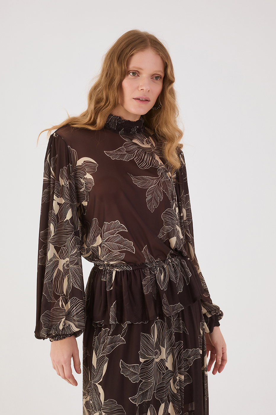 Brown Flora Elastic High Neck Waistline Tulle Blouse